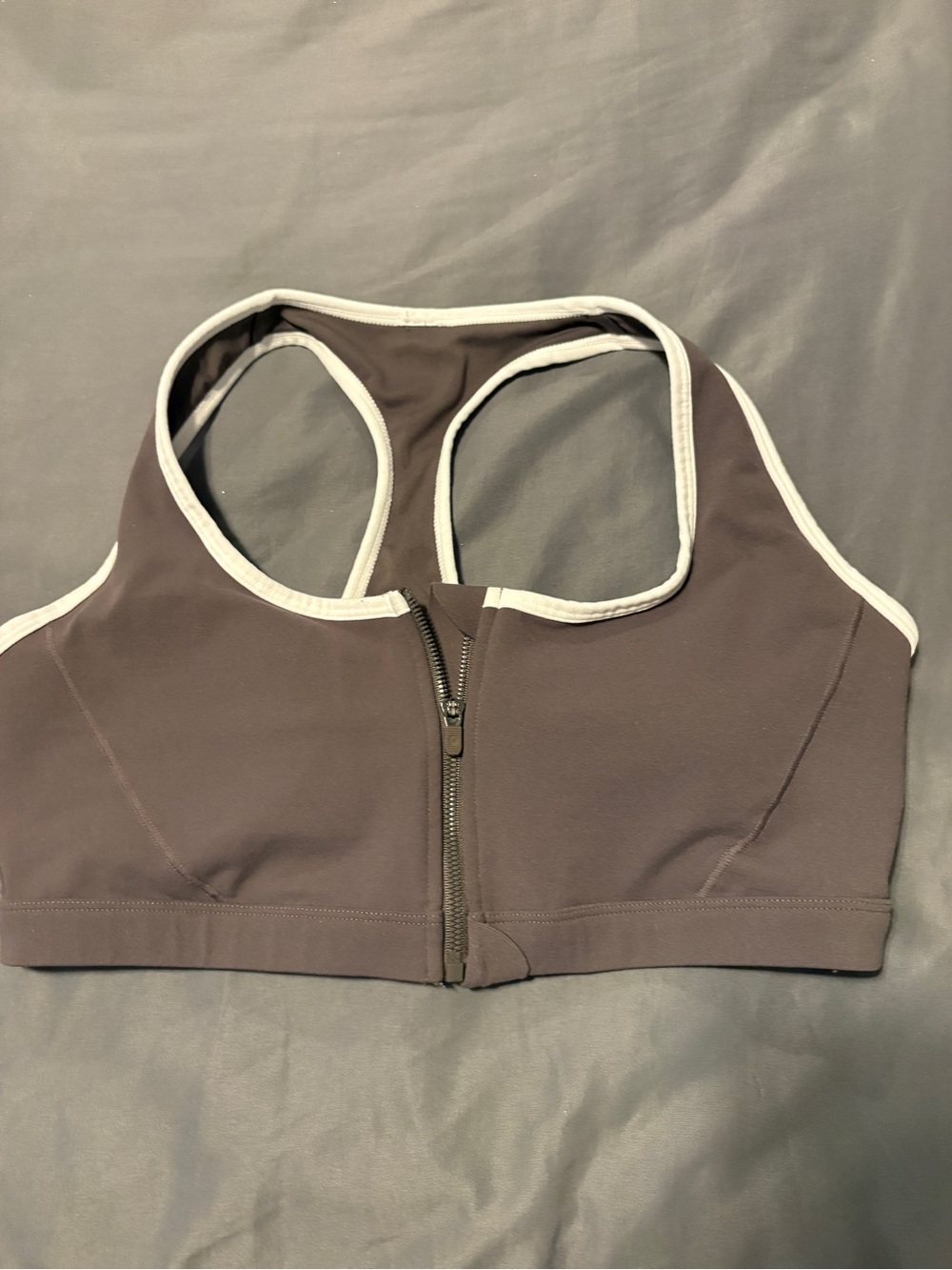 Fabletics Front-Zip Racerback Sports Bra - Chocolate with White Trim